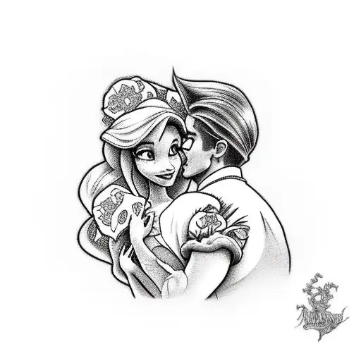 Ariel and Rapunzel hugging surrounded by sundrop flowers tattoo design idea