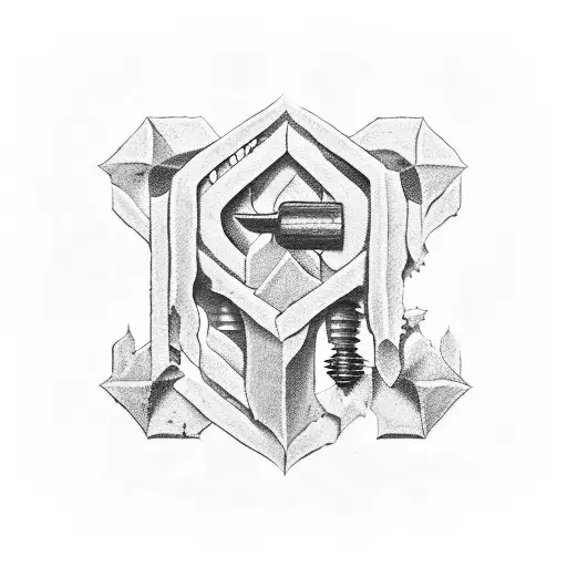 A detailed blackwork tattoo of a hammer and chisel crossed over a nail, with a chainsaw in the background, on your upper arm. tattoo design idea