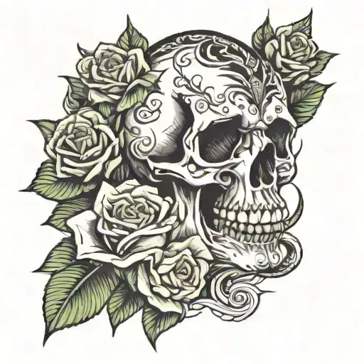 skull and roses and serpent tattoo design idea
