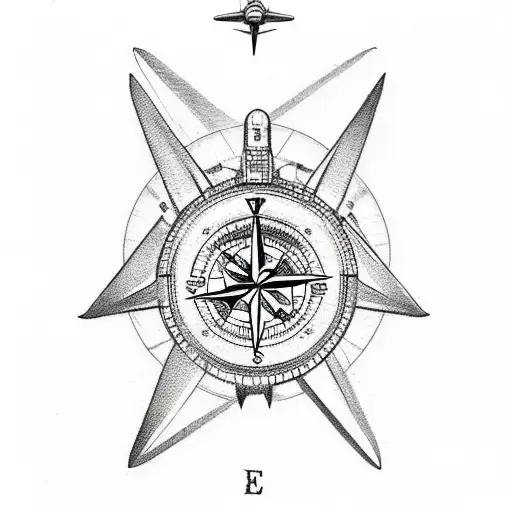 An aviation-themed tattoo featuring a compass and a vintage airplane flying over ocean waves tattoo design idea