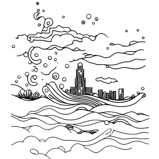 Underwater cityscape with waves crashing above tattoo design idea