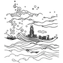 Underwater cityscape with waves crashing above tattoo design idea