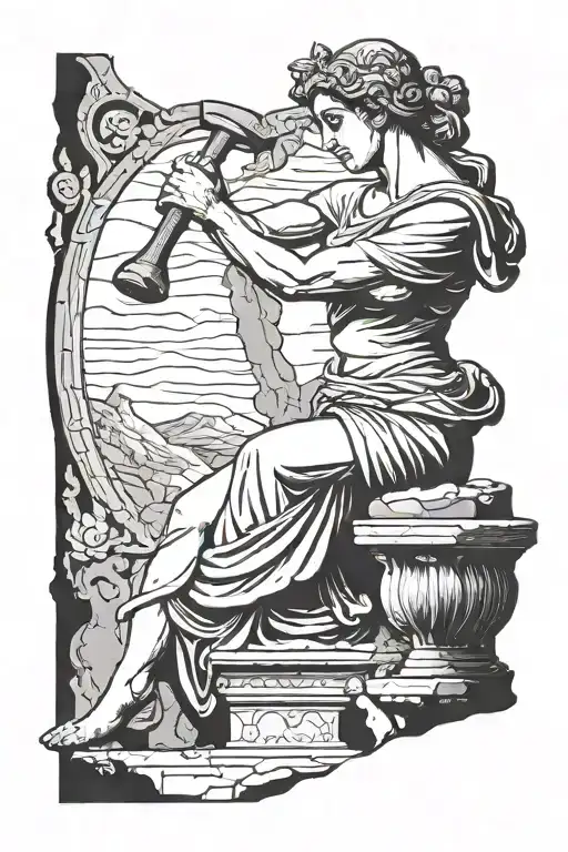 greek style statue of woman sculpting herself out of rock with hammer and chisel tattoo design idea
