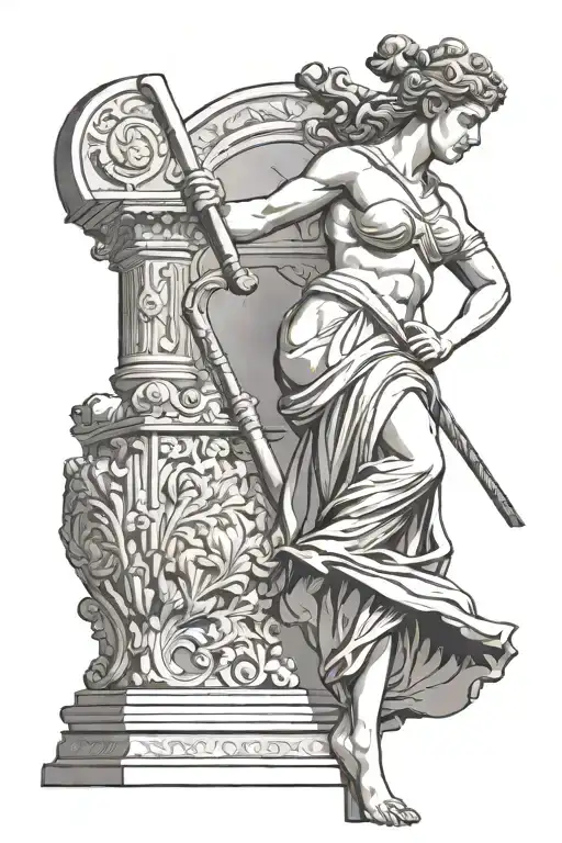 greek style statue of strong woman standing and sculpting her bottom half out of rock with hammer and chisel tattoo design idea