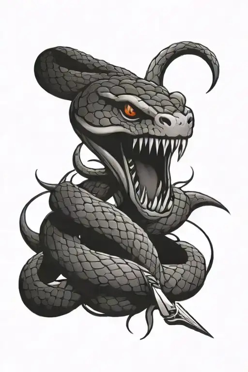 snake with sharp fangs  and dagger intertwined tattoo design idea