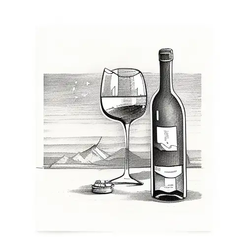 A wine bottle and glass with a passport and travel stamps tattoo design idea