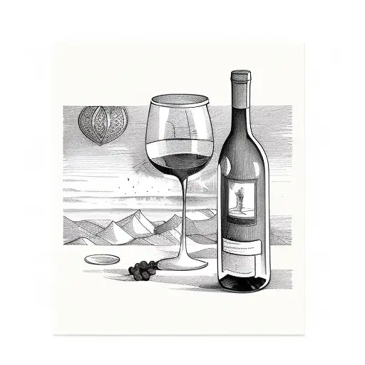 A wine bottle and glass with a passport and travel stamps tattoo design idea