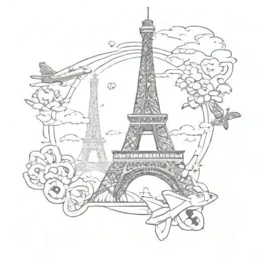Eiffel Tower, paw print, airplane and start night tattoo design idea