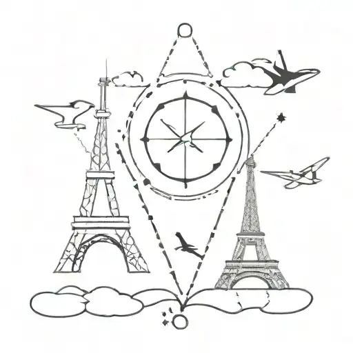 Eiffel Tower, paw print, airplane and start night tattoo design idea
