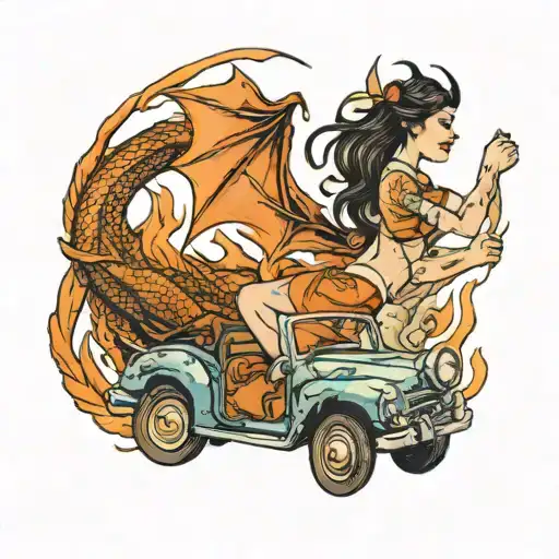 dragon, women, car drifting tattoo design idea