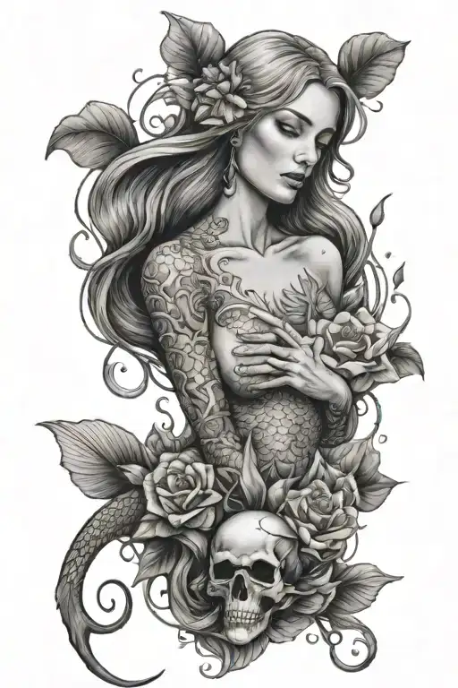crying mermaid looking up holding scull surrounded by water plants  tattoo design idea