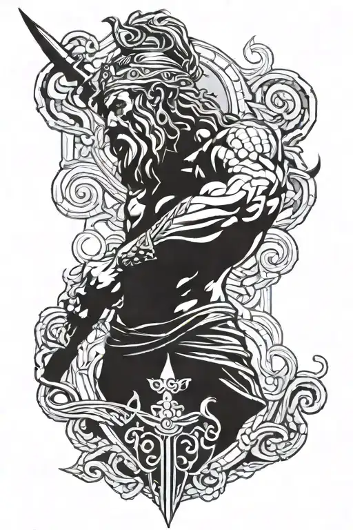 arm sleeve tattoo featuring Greek gods Poseidon trident, Nike, and the god of war tattoo design idea