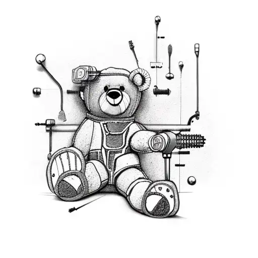 teddy bear with a nail gun, patching up himself  tattoo design idea