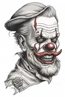 a tattoo design clown bring a gun on black and grey color and the face look scary tattoo design idea