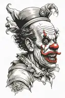  a tattoo design clown bring a gun on black and grey color and the face look scary tattoo design idea