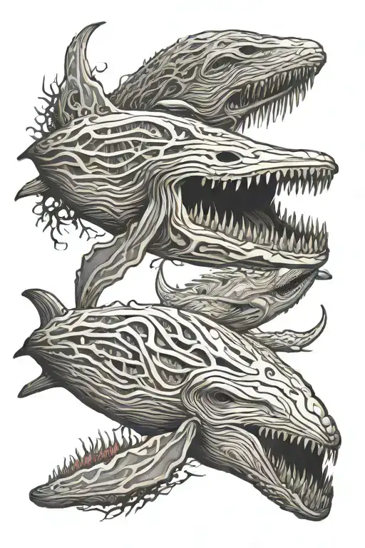 Humpback whale, decomposing, front half skeltal, back half intact, front in grayscale, back in color, smooth transition tattoo design idea