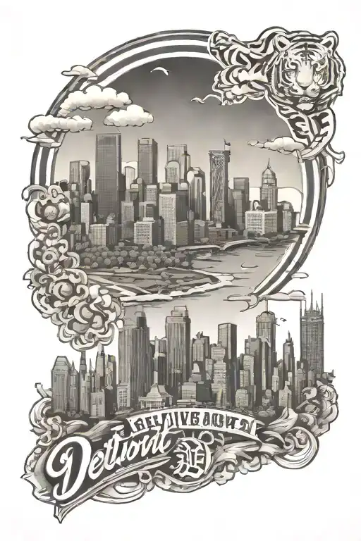 Detroit skyline and Detroit Tigers logo tattoo design idea