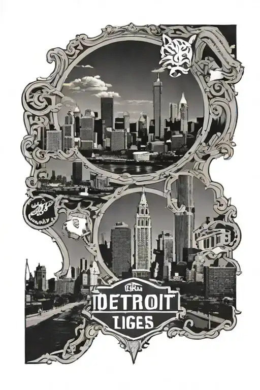 Detroit skyline and Detroit Tigers logo and 6 mile street sign tattoo design idea