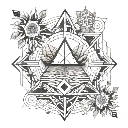 Geometric Natural Elements with soil, watter, bark, sun and wind work through tattoo design idea