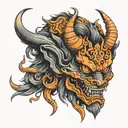 Demon mask with horns orange tattoo design idea