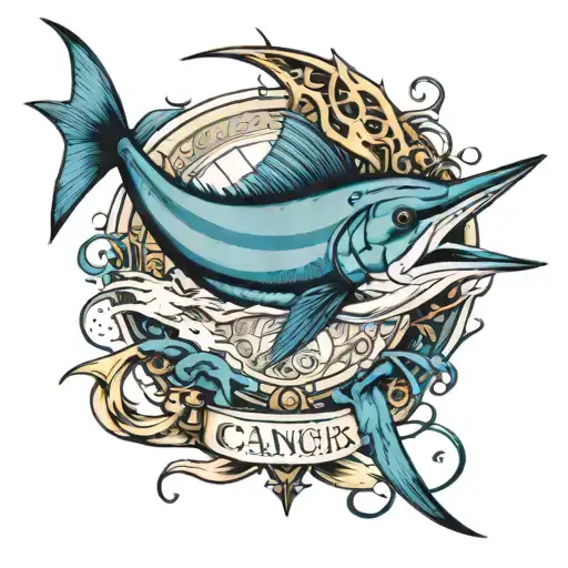 blue marlin in the shape of a cancer ribbon  tattoo design idea