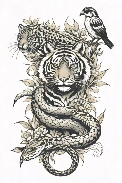 snake, tiger, sparrows tattoo design idea