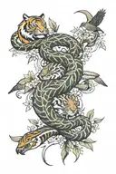 snake, tiger, sparrows tattoo design idea