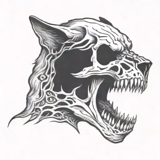 wolf skull, open jaws, with a man falling into them tattoo design idea