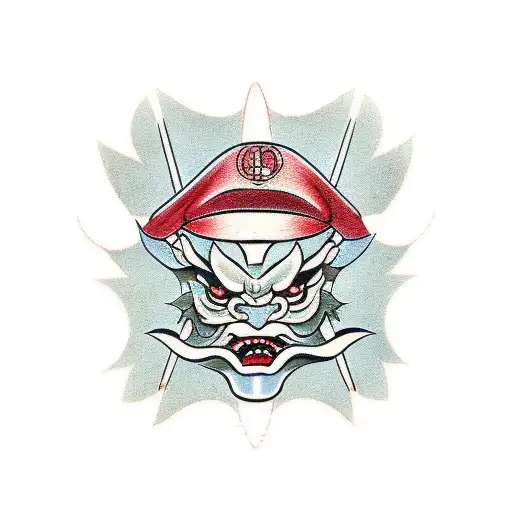 Japanese demon wearing a flat cap and suit tattoo design idea