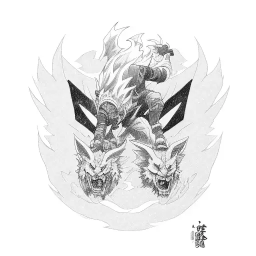 A dynamic blackwork tattoo featuring Itachi and Gon facing off in a fierce battle. tattoo design idea