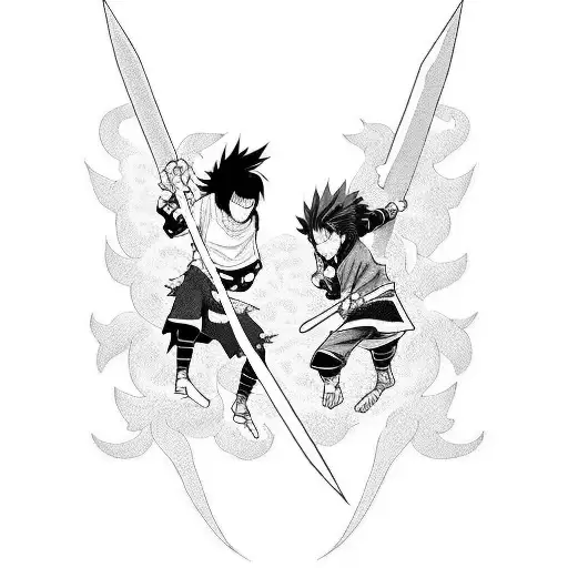 A dynamic blackwork tattoo featuring Itachi and Gon facing off in a fierce battle. tattoo design idea
