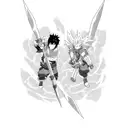 A dynamic blackwork tattoo featuring Itachi and Gon facing off in a fierce battle. tattoo design idea