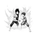 A dynamic blackwork tattoo featuring Itachi and Gon facing off in a fierce battle. tattoo design idea