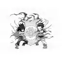 A dynamic blackwork tattoo featuring Itachi and Gon facing off in a fierce battle. tattoo design idea