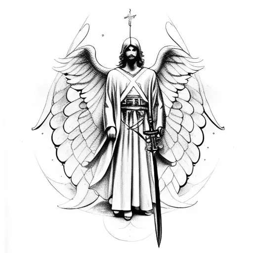 Angel Michael with a sword with symmetrical compass around him and should have an aesthetic body tattoo design idea