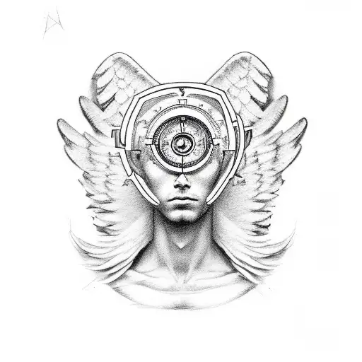 angel Michael with a sowrd with symmetrical compass around him and should have an aesthetic body  tattoo design idea