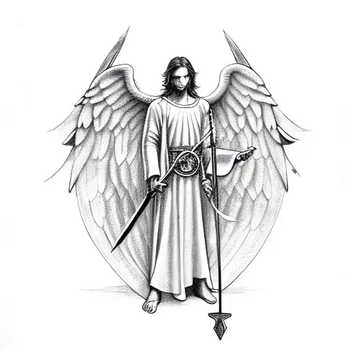 Angel Michael with a sword with symmetrical compass around him and should have an aesthetic body tattoo design idea