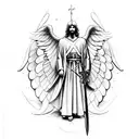 Angel Michael with a sword with symmetrical compass around him and should have an aesthetic body tattoo design idea