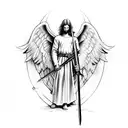 Angel Michael with a sword with symmetrical compass around him and should have an aesthetic body tattoo design idea