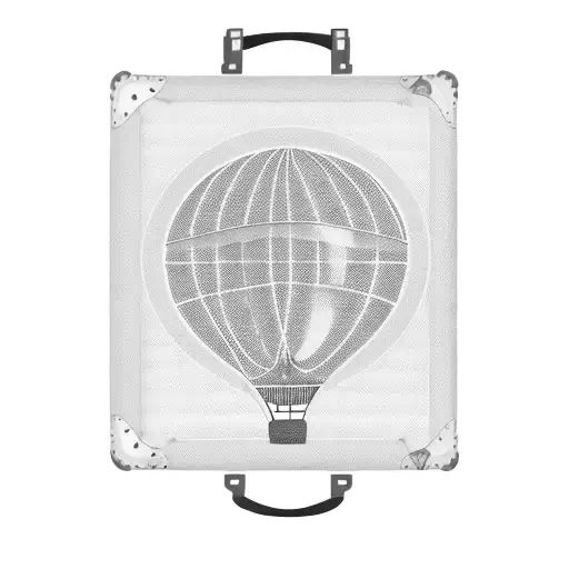 A vintage suitcase with travel stickers and a hot air balloon emerging from it tattoo design idea