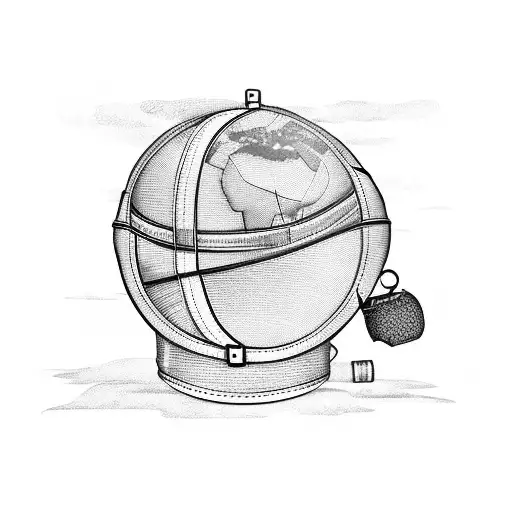 A vintage suitcase with travel stickers and a hot air balloon emerging from it tattoo design idea