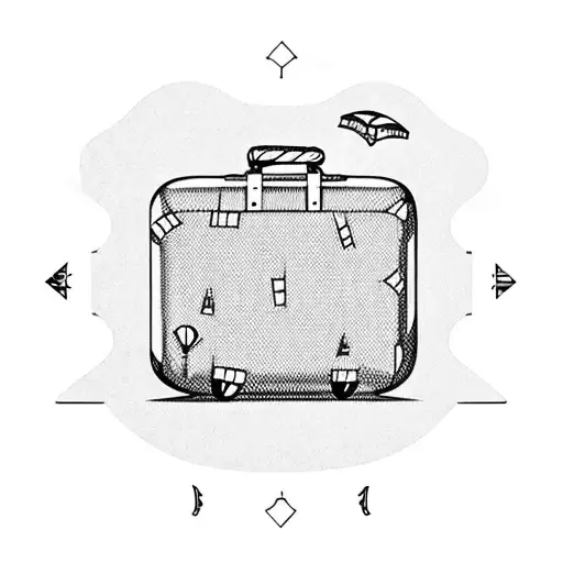 A vintage suitcase with travel stickers and a hot air balloon emerging from it tattoo design idea
