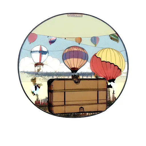 A vintage suitcase with travel stickers and a hot air balloon emerging from it tattoo design idea