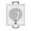 A vintage suitcase with travel stickers and a hot air balloon emerging from it tattoo design idea