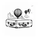 A vintage suitcase with travel stickers and a hot air balloon emerging from it tattoo design idea