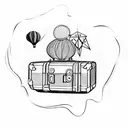 A vintage suitcase with travel stickers and a hot air balloon emerging from it tattoo design idea
