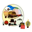 A vintage suitcase with travel stickers and a hot air balloon emerging from it tattoo design idea