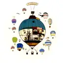 A vintage suitcase with travel stickers and a hot air balloon emerging from it tattoo design idea