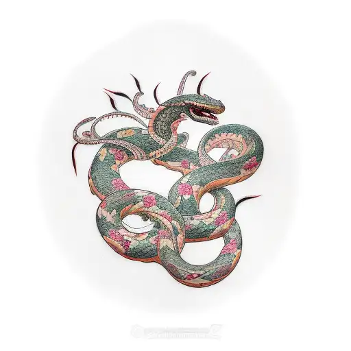floral viper tattoo design idea