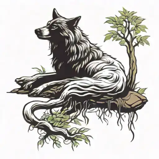 victorious wolf lying at the base of a willow tree tattoo design idea